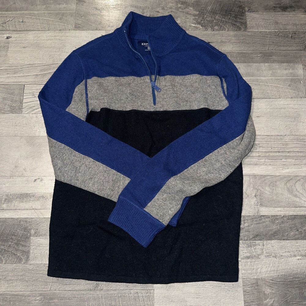 Vtg Express Mens Lambswool 1/4 Zip Long Sleeve Sweater Navy Grey Stripe medium